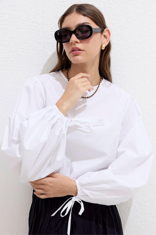 Poplin Bluz Bağcık Detaylı Ekru