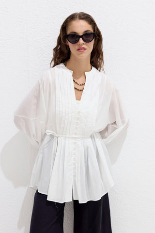 Plise Detaylı Voile Tunik Ekru