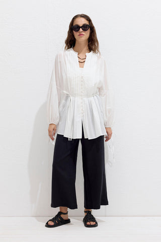 Plise Detaylı Voile Tunik Ekru