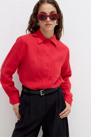 Fitted Linen Shirt With Covered Buttons Red