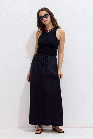 Linen Skirt With Drawstring Black