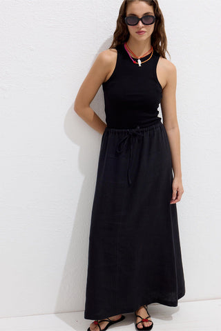 Linen Skirt With Drawstring Black