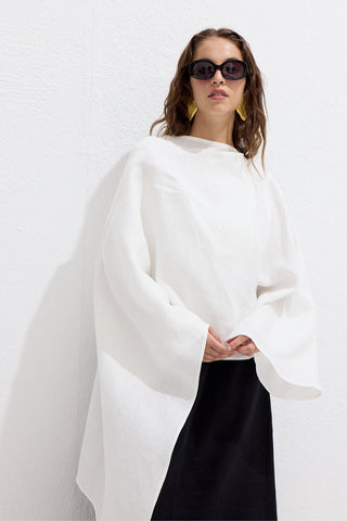 Asymmetric Linen Cape Blouse Ecru