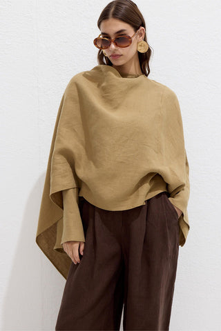 Asymmetric Linen Cape Blouse Sahara