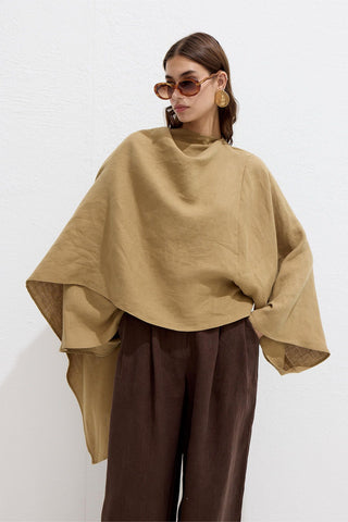 Asymmetric Linen Cape Blouse Sahara