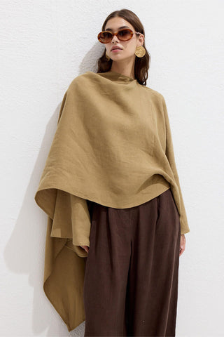 Asymmetric Linen Cape Blouse Sahara