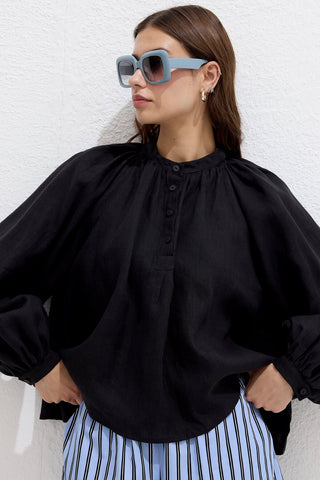 Lightweight Linen Gathered Neck Shirt Black