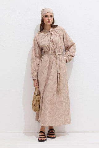 Lined Embroidered Dress Beige