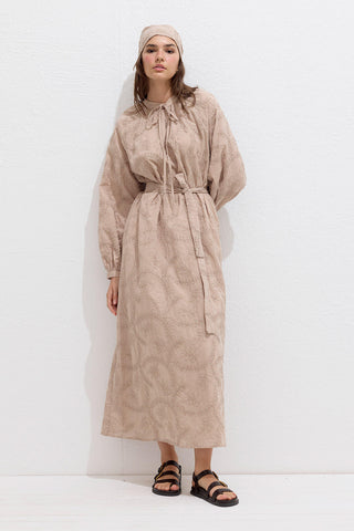 Lined Embroidered Dress Beige