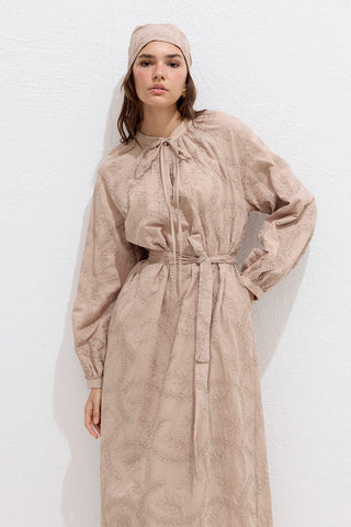 Lined Embroidered Dress Beige