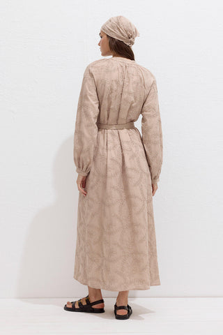 Lined Embroidered Dress Beige