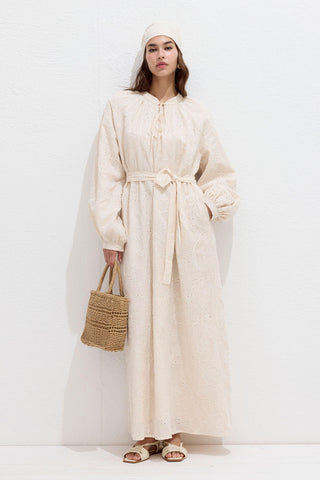 Lined Embroidered Dress Ecru