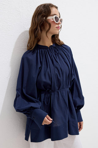 Voile Tunic With Drawstring Detail Navy Blue