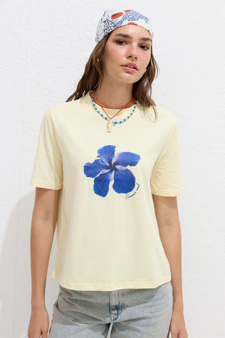 Printed T-Shirt With Stitching Details Hibiscus Blue