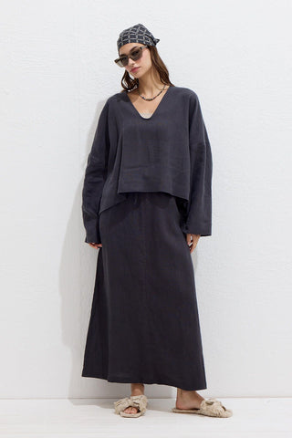 Linen Skirt With Drawstring Anthracite