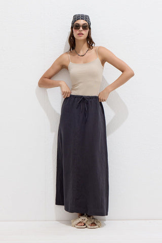 Linen Skirt With Drawstring Anthracite