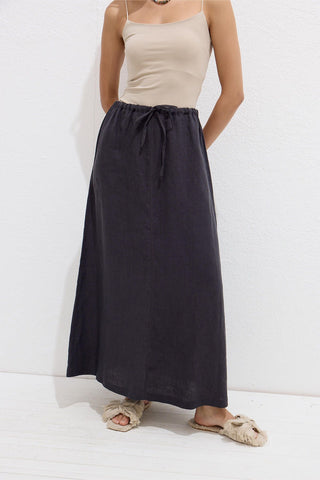 Linen Skirt With Drawstring Anthracite