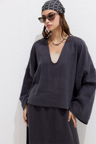 Premium V-Neck Linen Blouse Anthracite