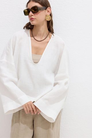 Premium V-Neck Linen Blouse Ecru