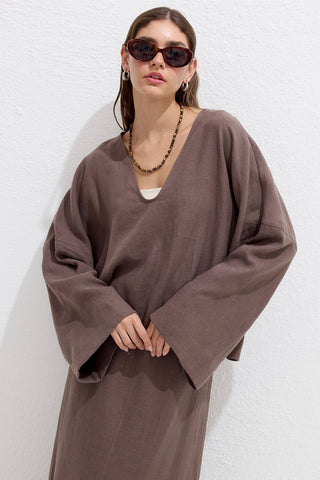 Premium V-Neck Linen Blouse Dusty Brown