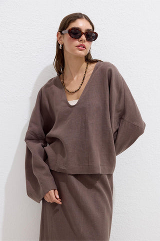 Premium V-Neck Linen Blouse Dusty Brown