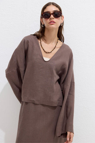 Premium V-Neck Linen Blouse Dusty Brown