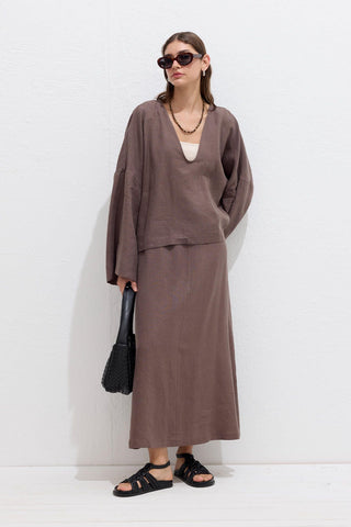 Linen Skirt With Drawstring Dusty Brown