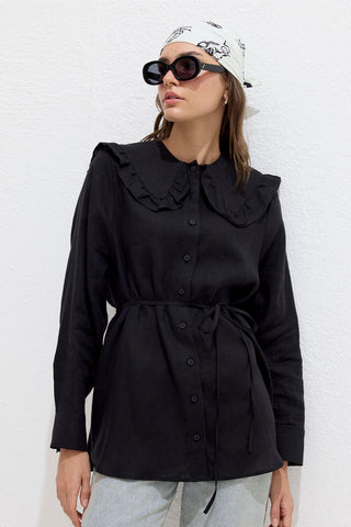 Linen Shirt With Collar Detail Black