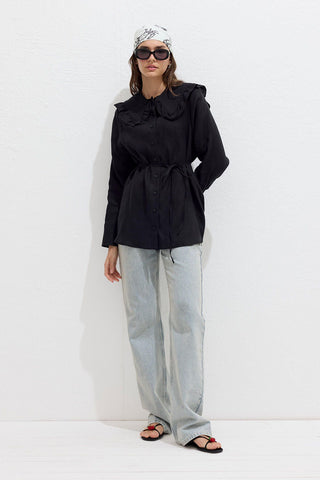 Linen Shirt With Collar Detail Black