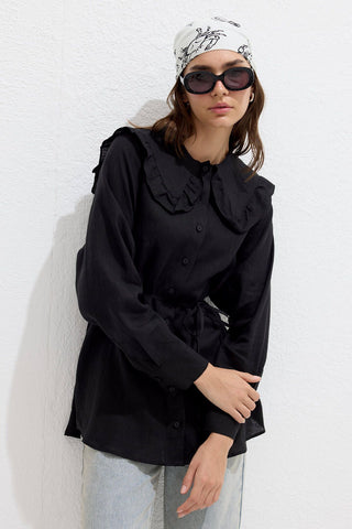 Linen Shirt With Collar Detail Black