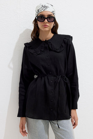 Linen Shirt With Collar Detail Black