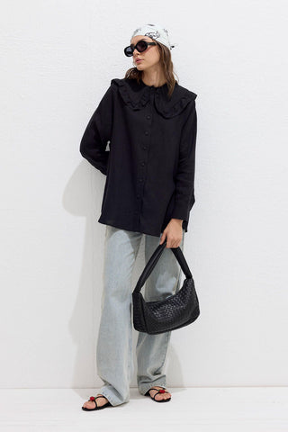 Linen Shirt With Collar Detail Black