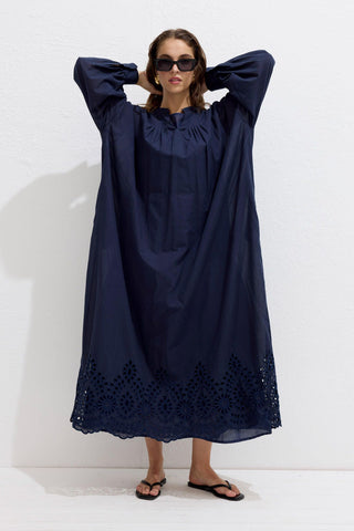 Embroidered Broderie Dress Navy Blue