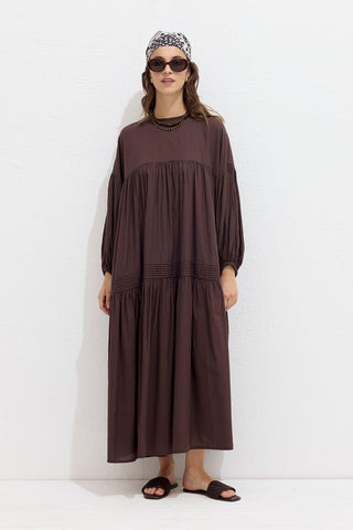 Gathered Oversized Voile Dress Brown