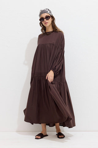 Gathered Oversized Voile Dress Brown