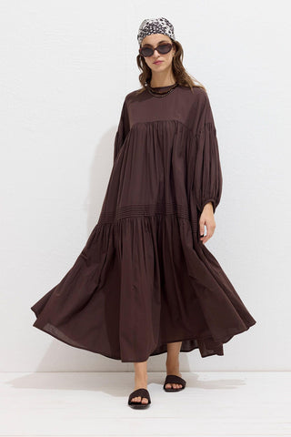 Gathered Oversized Voile Dress Brown