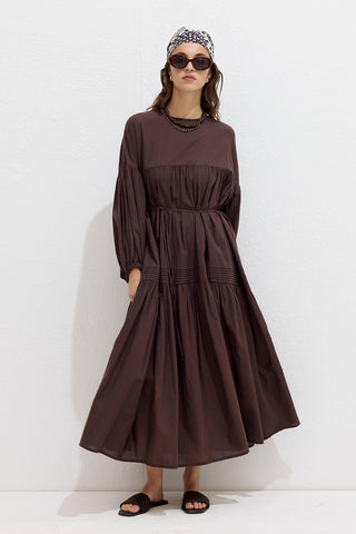 Gathered Oversized Voile Dress Brown