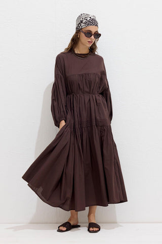 Gathered Oversized Voile Dress Brown