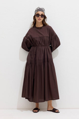 Gathered Oversized Voile Dress Brown