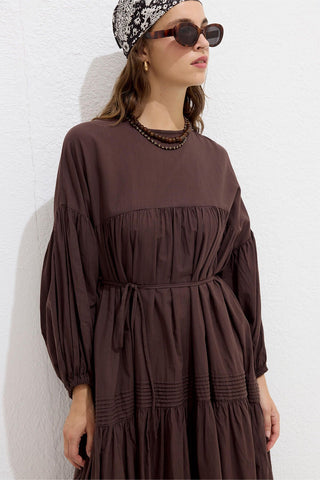 Gathered Oversized Voile Dress Brown