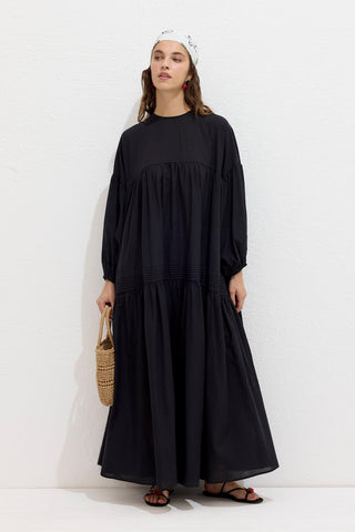 Gathered Oversized Voile Dress Black