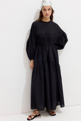 Gathered Oversized Voile Dress Black