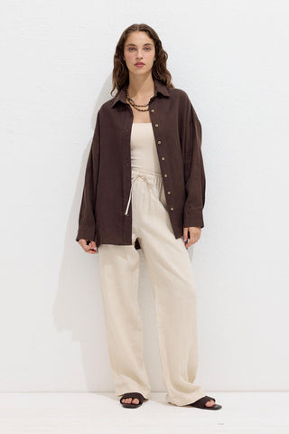 Linen Oversize Buttoned Shirt Dark Brown