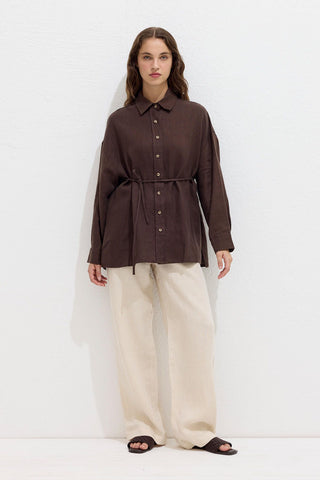 Linen Oversize Buttoned Shirt Dark Brown