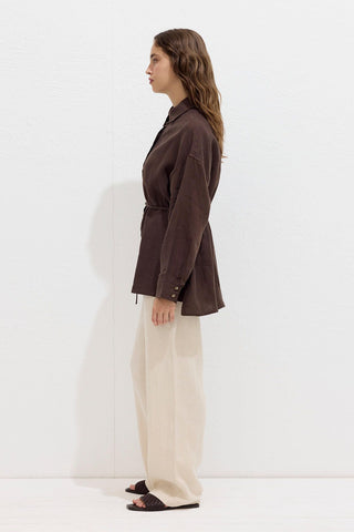 Linen Oversize Buttoned Shirt Dark Brown