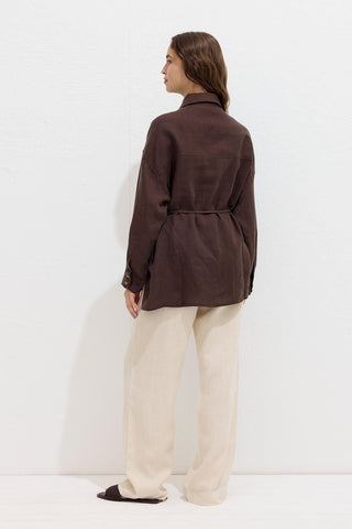 Linen Oversize Buttoned Shirt Dark Brown