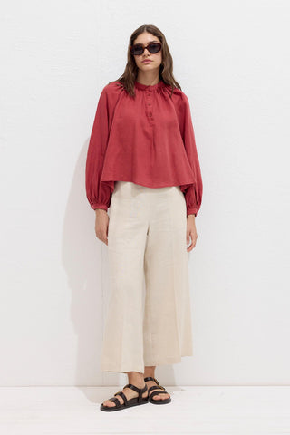 Lightweight Linen Gathered Neck Shirt Red