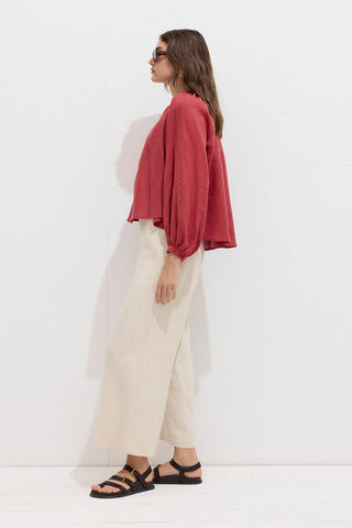 Lightweight Linen Gathered Neck Shirt Red