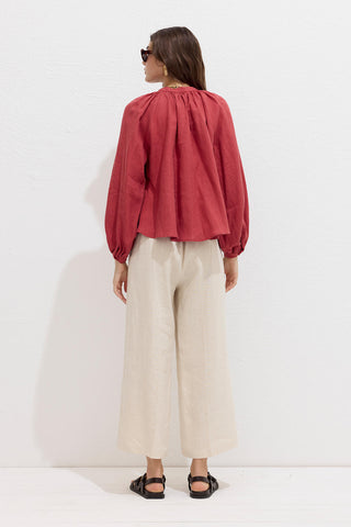 Lightweight Linen Gathered Neck Shirt Red