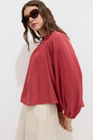 Lightweight Linen Gathered Neck Shirt Red